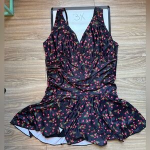 Black Cherry Print One Piece Swim Dress 3X